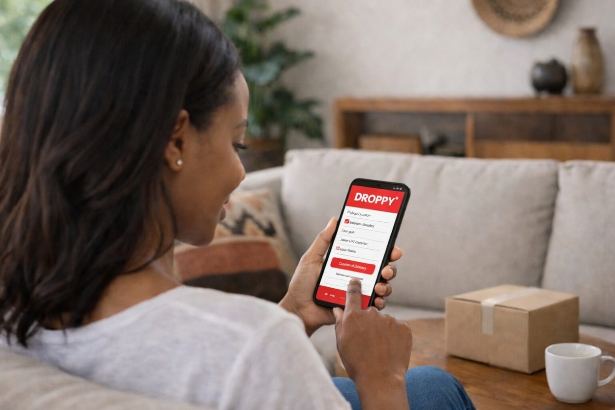 Black woman using the Droppy business app on her smartphone with a package ready for dispatch