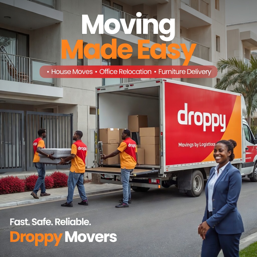 Droppy branded movers in orange uniforms loading a truck with a professional client