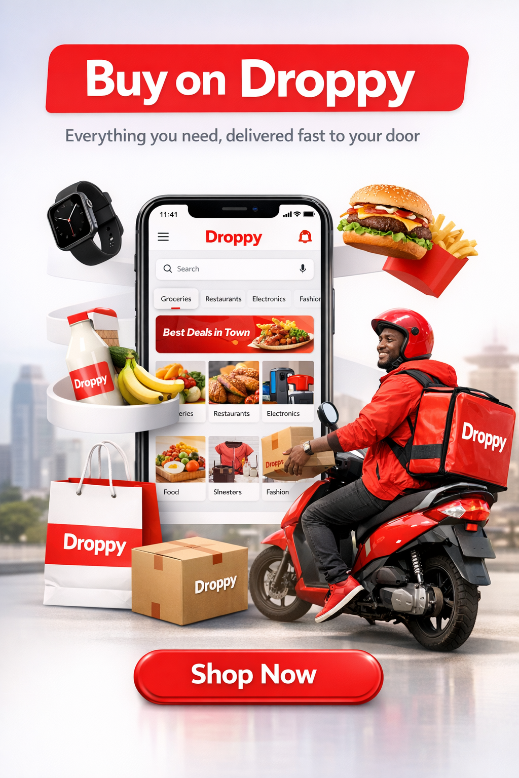 Droppy rider on scooter with shopping bags, app UI and Buy on Droppy branding